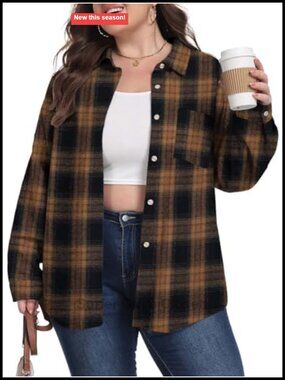 Plus Size Cotton Blend Flannel Button Down Shirt Relaxed Plaid